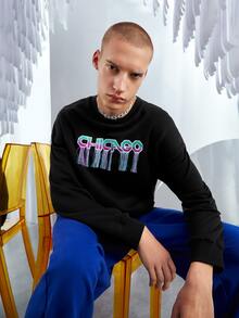 Manfinity Men Letter Embroidery Fringe Trim Drop Shoulder Sweatshirt - Black - View 3