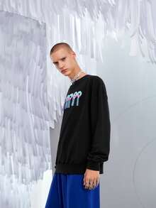 Manfinity Men Letter Embroidery Fringe Trim Drop Shoulder Sweatshirt - Black - View 5