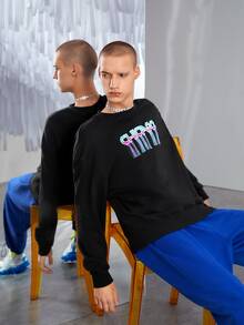 Manfinity Men Letter Embroidery Fringe Trim Drop Shoulder Sweatshirt - Black - View 6