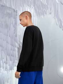 Manfinity Men Letter Embroidery Fringe Trim Drop Shoulder Sweatshirt - Black - View 7