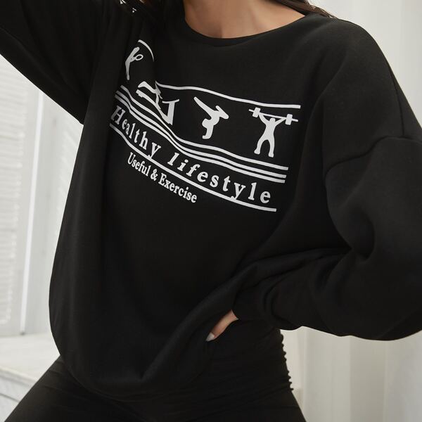 

Slogan & Stripe Print Drop Shoulder Pullover, Black