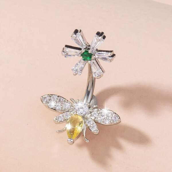 

Rhinestone Bee Decor Navel Belly Ring, Silver