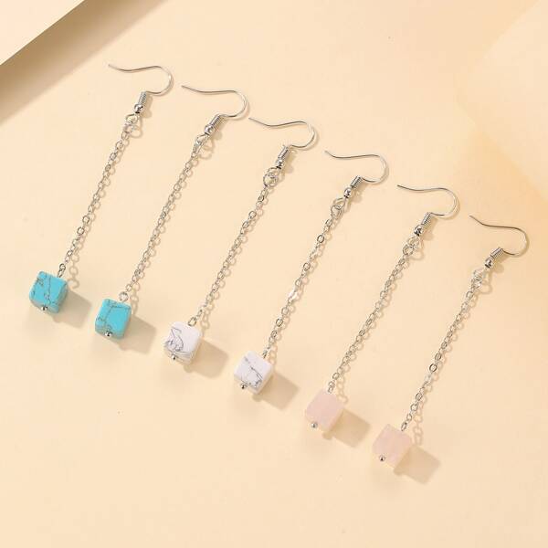

3pairs Cube Stone Drop Earrings, Multicolor