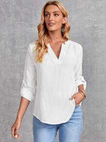 EMERY ROSE Roll Tab Sleeve V Wired Blouse - White - View 1