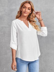 EMERY ROSE Roll Tab Sleeve V Wired Blouse - White - View 4