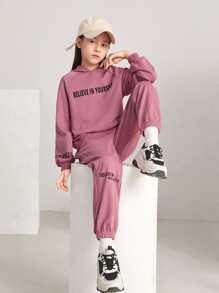 SHEIN Leap Crew 青少女針織字母印花連帽衫和長褲套裝,適用於秋冬季節 - 藕粉色 - 查看 1
