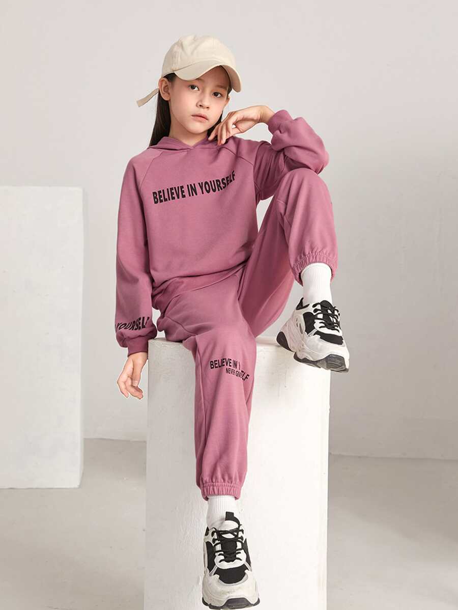 SHEIN Leap Crew 青少女針織字母印花連帽衫和長褲套裝,適用於秋冬季節 - 藕粉色 - 查看 1