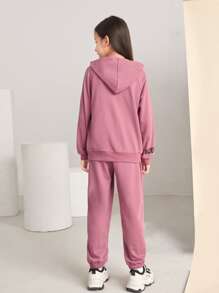 SHEIN Leap Crew 青少女針織字母印花連帽衫和長褲套裝,適用於秋冬季節 - 藕粉色 - 查看 2