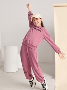 SHEIN Leap Crew 青少女針織字母印花連帽衫和長褲套裝,適用於秋冬季節 - 藕粉色 - 查看 4