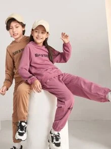 SHEIN Leap Crew 青少女針織字母印花連帽衫和長褲套裝,適用於秋冬季節 - 藕粉色 - 查看 5