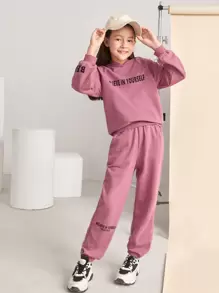 SHEIN Leap Crew 青少女針織字母印花連帽衫和長褲套裝,適用於秋冬季節 - 藕粉色 - 查看 6