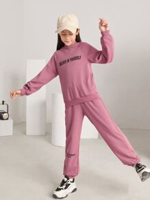 SHEIN Leap Crew 青少女針織字母印花連帽衫和長褲套裝,適用於秋冬季節 - 藕粉色 - 查看 7