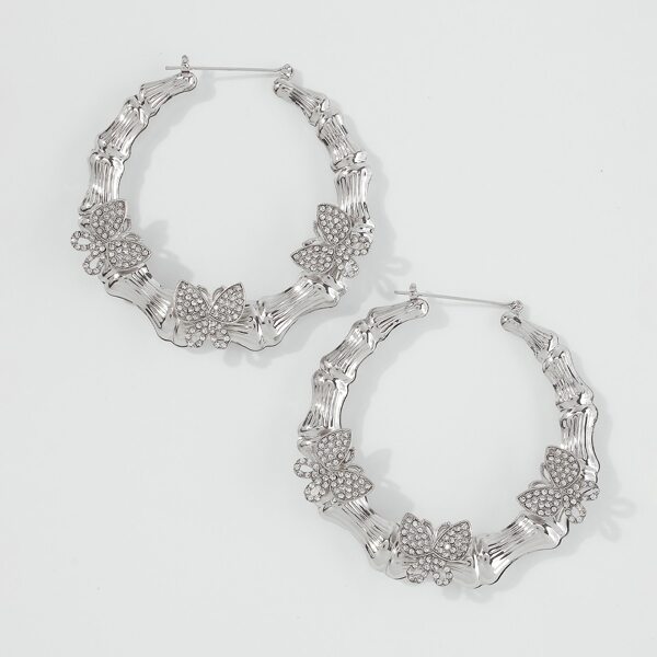 

Rhinestone Butterfly Decor Bamboo Joint Hoop Earrings, Silver