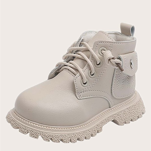 

Girls Pocket Decor Side Zipper Lace Up Design Combat Boots, Beige