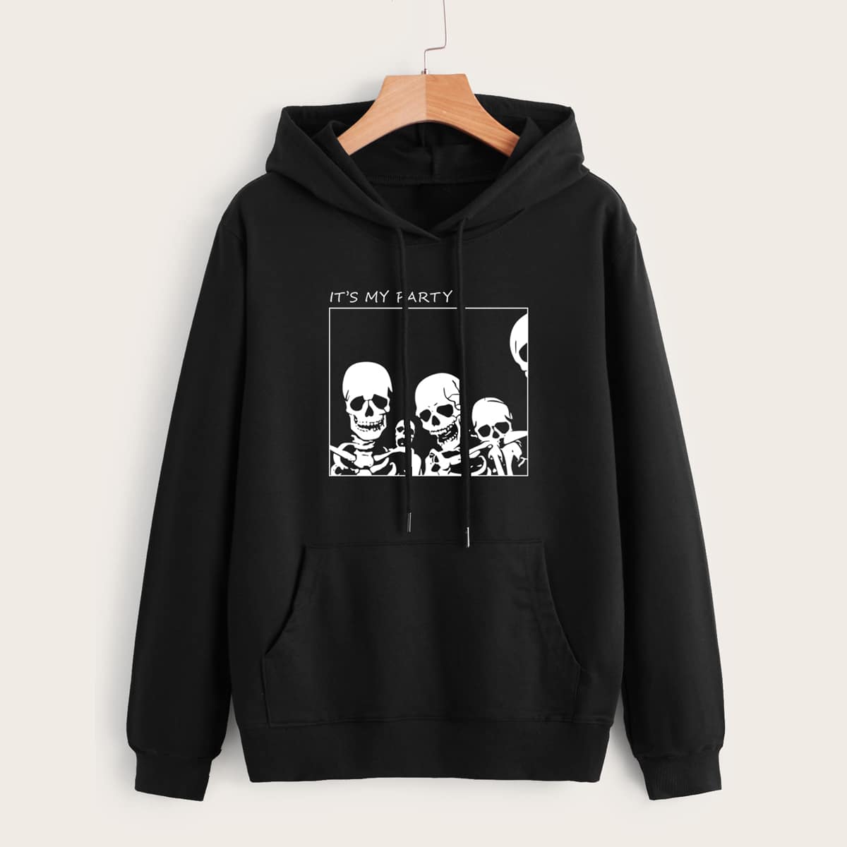 

Slogan Skull Graphic Pocket Drawstring Hoodie, Black
