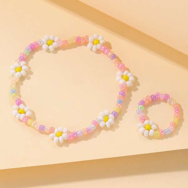 

Flower Decor Beaded Ring & Bracelet, Multicolor