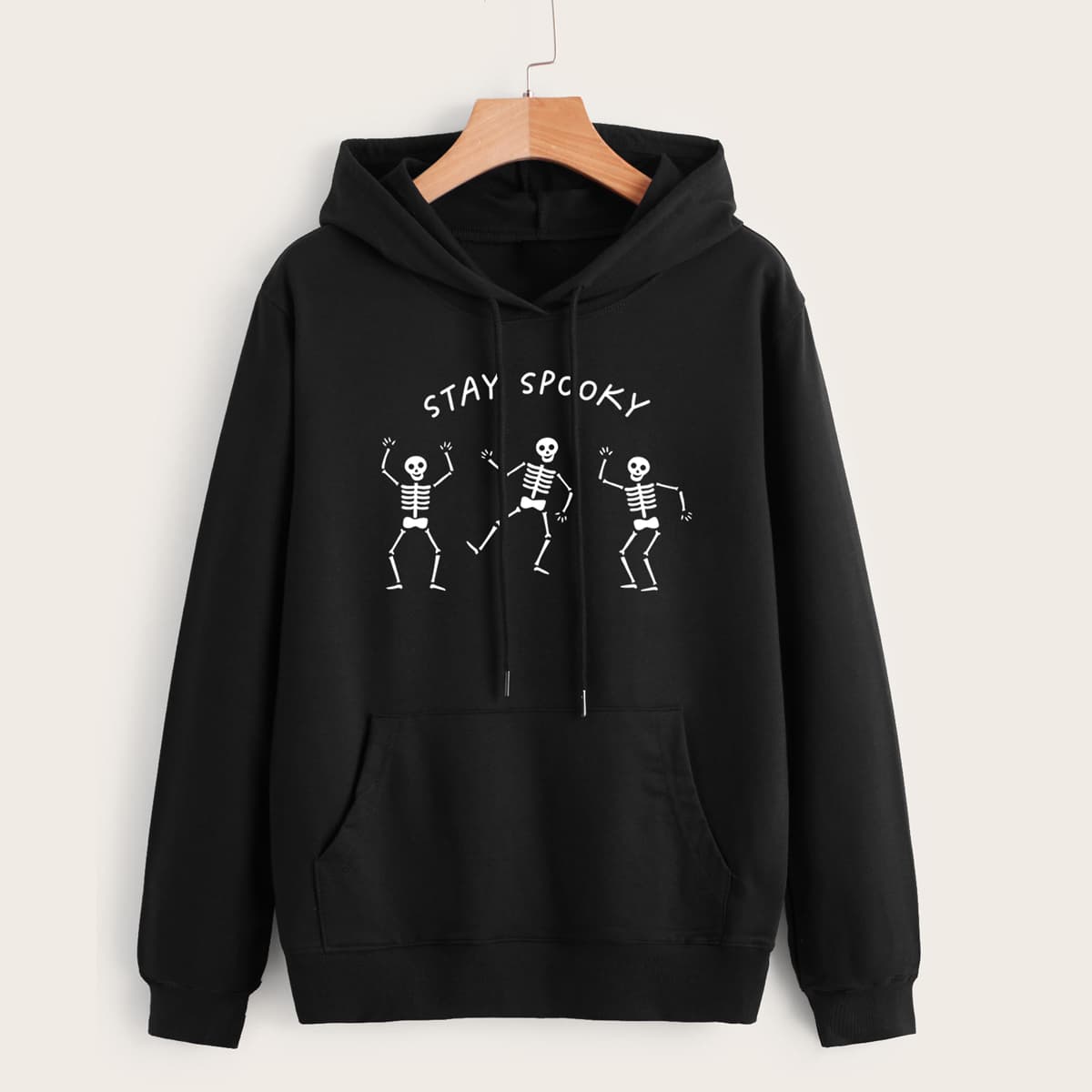 

Slogan Skull Graphic Pocket Drawstring Hoodie, Black