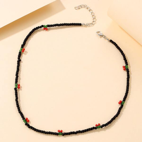 

Cherry Beaded Necklace, Black