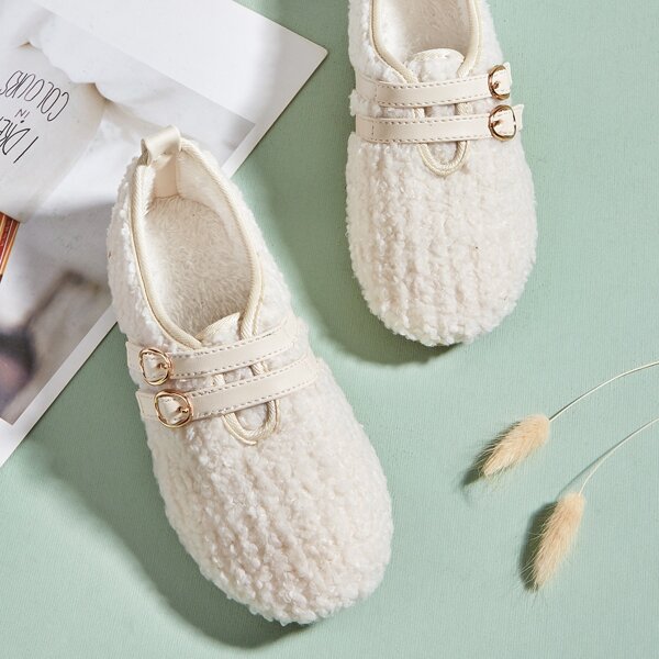 

Girls Fuzzy Buckle Detail Loafers, Beige