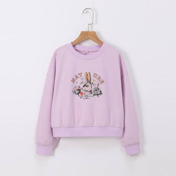 

Girls Letter & Rabbit Print Sweatshirt, Purple