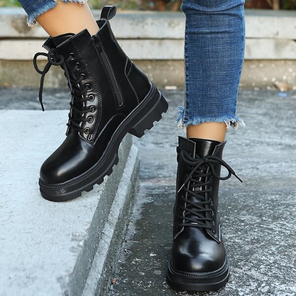 

Lace-Up Front Side Zipper Boots, Black