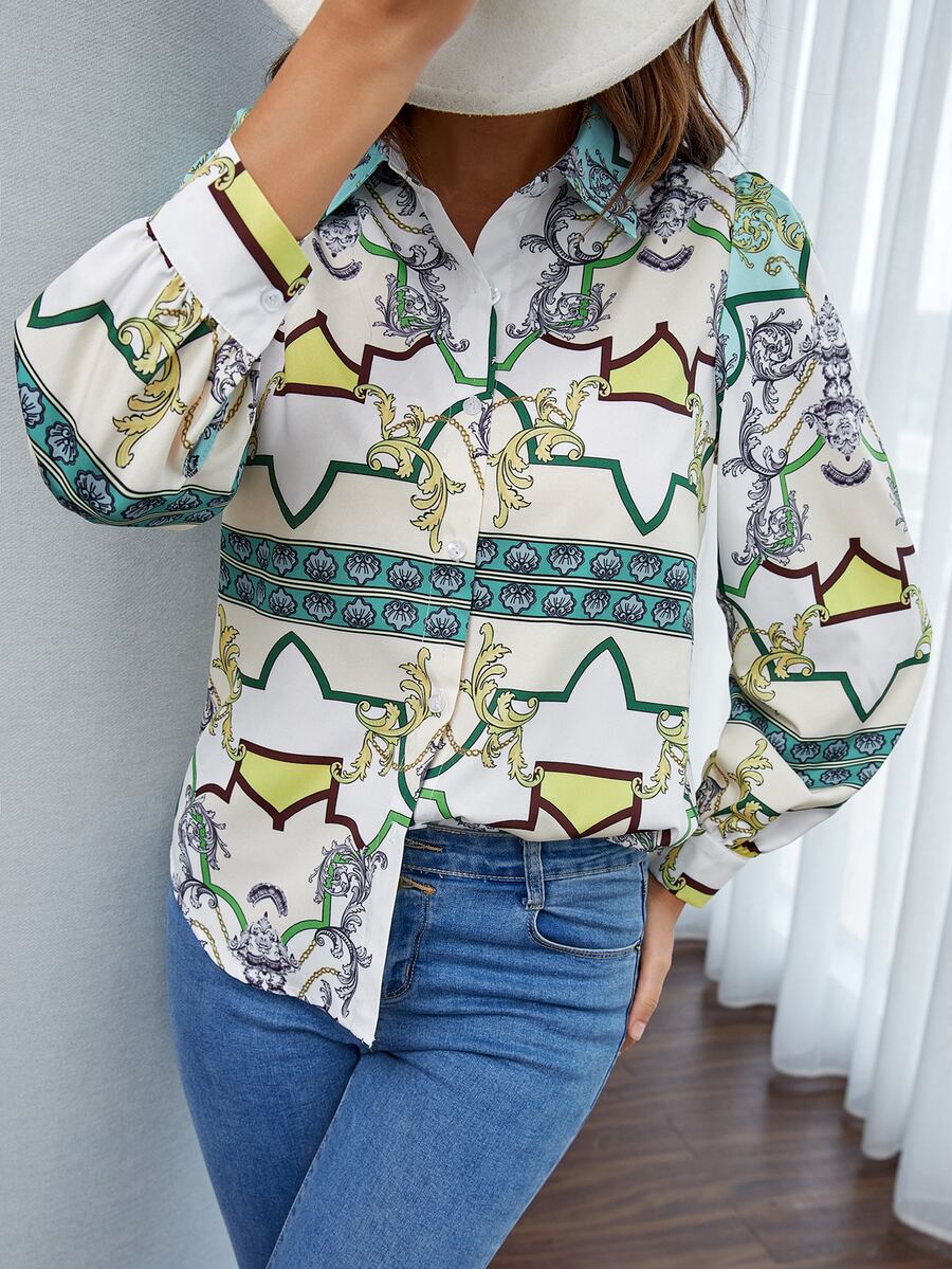 SHEIN VCAY 宮廷風和幾何印花襯衫 - 彩色 - 查看 1