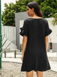 SHEIN LUNE Solid Ruffle Trimed Tunic Dress - Black - View 2