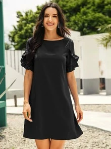 SHEIN LUNE Solid Ruffle Trimed Tunic Dress - Black - View 4