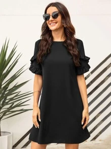 SHEIN LUNE Solid Ruffle Trimed Tunic Dress - Black - View 1