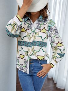 SHEIN VCAY 宮廷風和幾何印花襯衫 - 彩色 - 查看 3