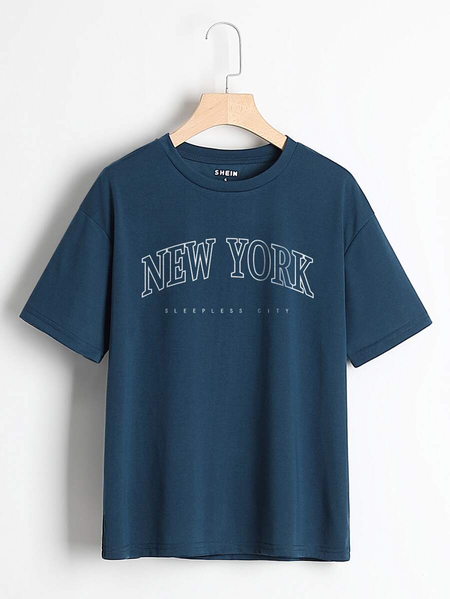 SHEIN EZwear Letter Graphic Crew Neck Tee - Navy Blue - View 1