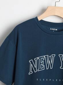 SHEIN EZwear Letter Graphic Crew Neck Tee - Navy Blue - View 3