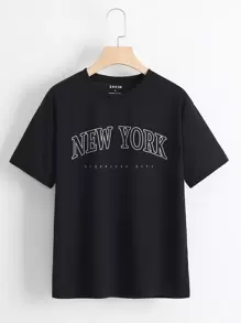 SHEIN EZwear Letter Graphic Crew Neck Tee - Black - View 1