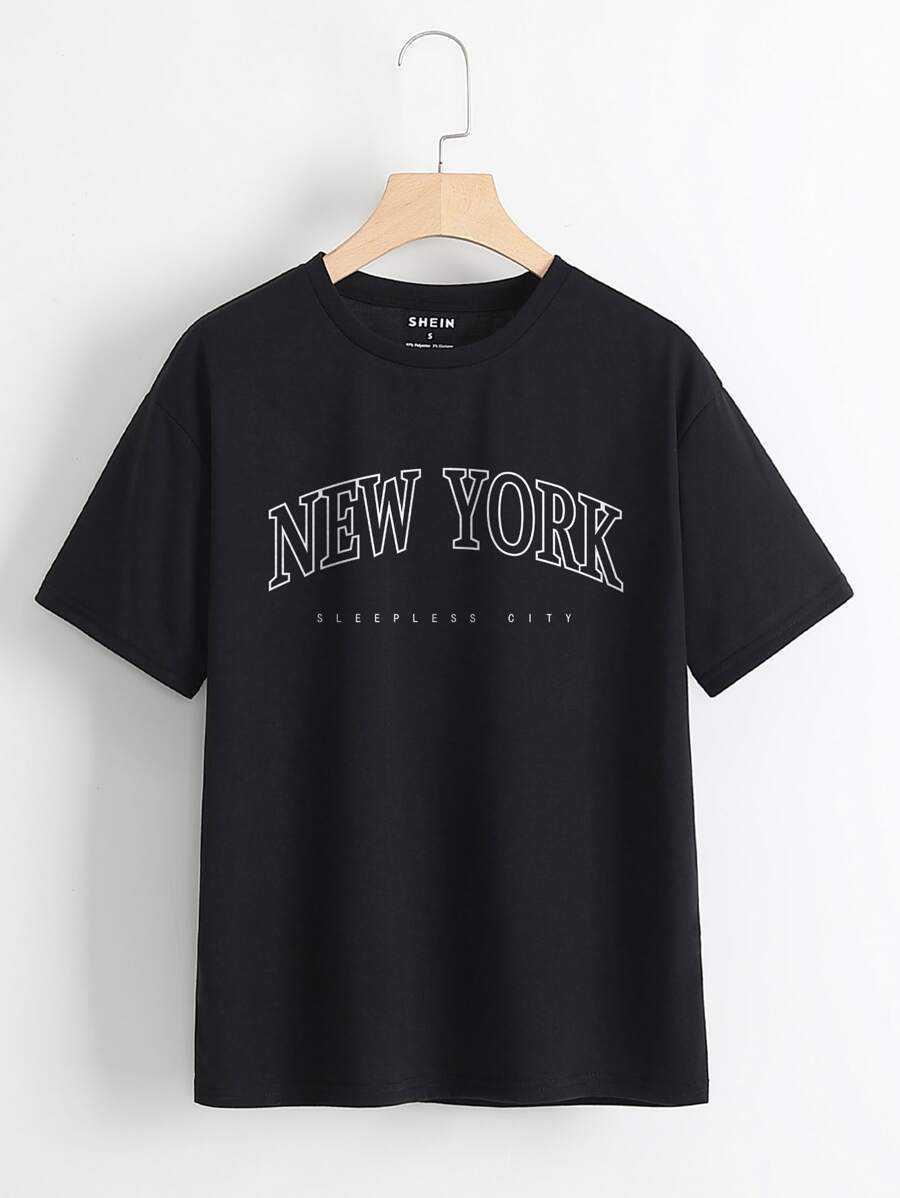 SHEIN EZwear Letter Graphic Crew Neck Tee - Black - View 1