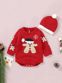 Baby Girl Christmas Pattern Knit Bodysuit & Hat - Red - View 1