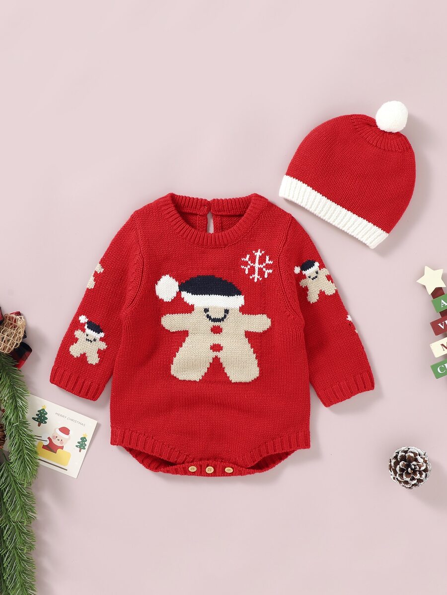 Baby Girl Christmas Pattern Knit Bodysuit & Hat - Red - View 1
