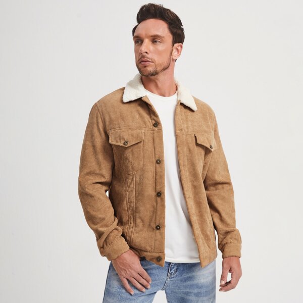 

Men Flap Pocket Teddy Lined Cord Jacket, Khaki
