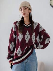 DAZY Argyle Pattern Drop Shoulder Oversized Jumper - Multicolor - View 1