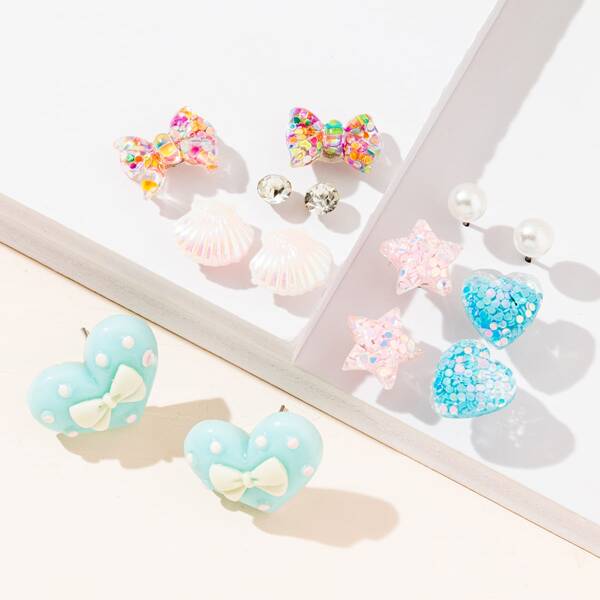 

7pairs Girls Cartoon Stud Earrings, Multicolor