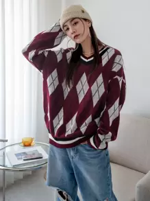 DAZY Argyle Pattern Drop Shoulder Oversized Jumper - Multicolor - View 2