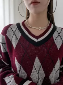 DAZY Argyle Pattern Drop Shoulder Oversized Jumper - Multicolor - View 3