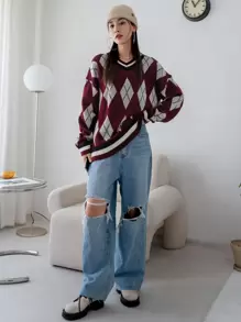 DAZY Argyle Pattern Drop Shoulder Oversized Jumper - Multicolor - View 6