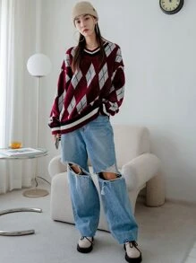 DAZY Argyle Pattern Drop Shoulder Oversized Jumper - Multicolor - View 7