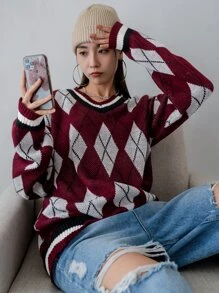 DAZY Argyle Pattern Drop Shoulder Oversized Jumper - Multicolor - View 8