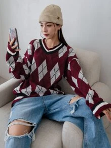 DAZY Argyle Pattern Drop Shoulder Oversized Jumper - Multicolor - View 9