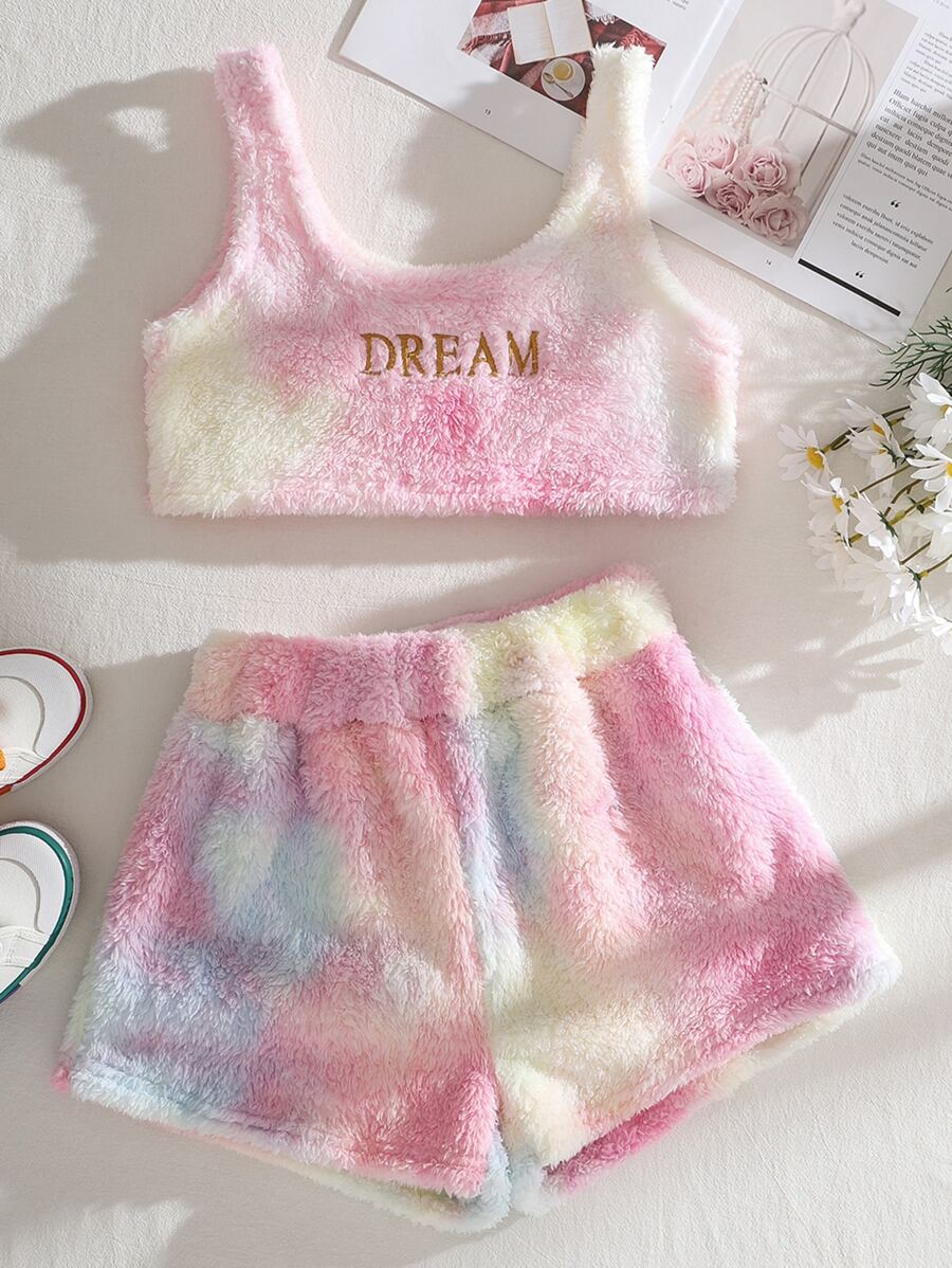 INAWLY 字母刺繡紮染法蘭絨背心上衣和短褲 - 彩色 - 查看 1