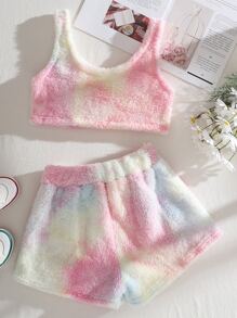 INAWLY 字母刺繡紮染法蘭絨背心上衣和短褲 - 彩色 - 查看 2