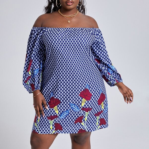 

Plus Plaid And Floral Print Off Shoulder Tunic Dress, Blue and white