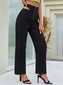 SHEIN Zipper Fly Cutout Waist Trousers - Black - View 1