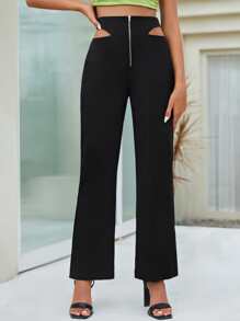 SHEIN Zipper Fly Cutout Waist Trousers - Black - View 5